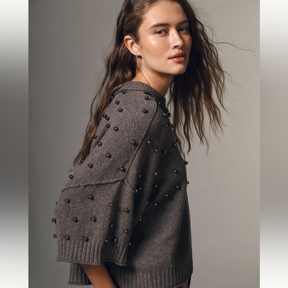 Anthropologie Goldie 3/4 Sleeve Studded Sweater, Size XL, Gray